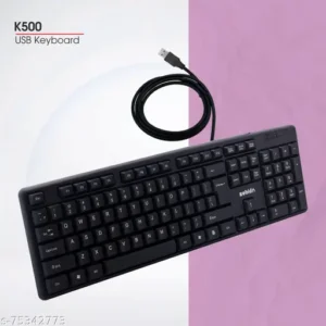 "Zebion K500 USB Keyboard with a sleek design, full-size layout, soft touch keys, and spill-resistant construction, featuring multimedia keys and easy plug-and-play USB connectivity."