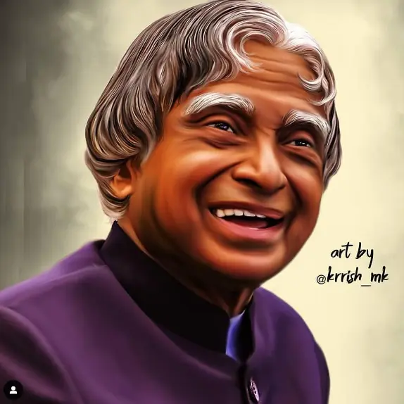 A portrait of APJ Abdul Kalam, the former President of India, is shown. He is depicted wearing a navy blue suit and a traditional Indian kurta. With a gentle smile, his warm expression reflects wisdom and humility. The background features a soft-focus of the Indian flag, symbolizing his dedication to the country.